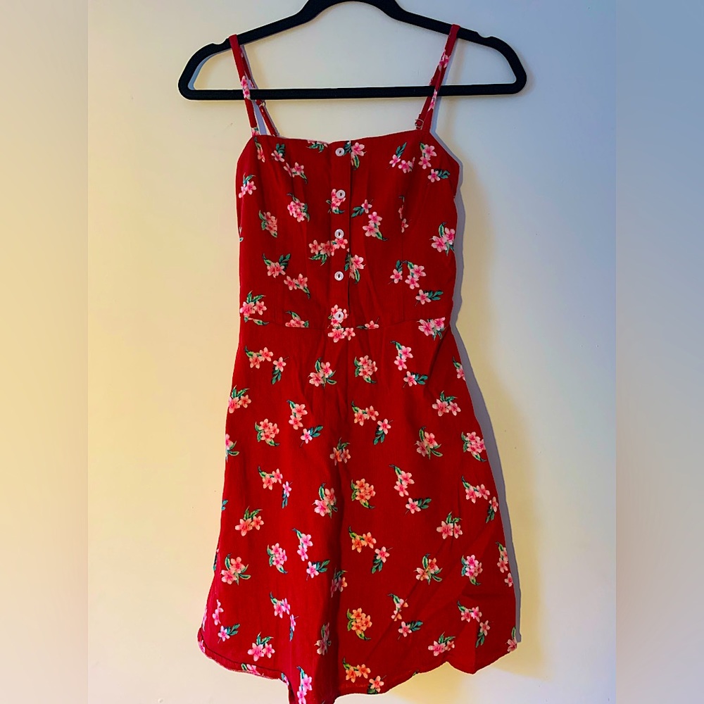 Hollister red linen floral summer dress with adjustable straps